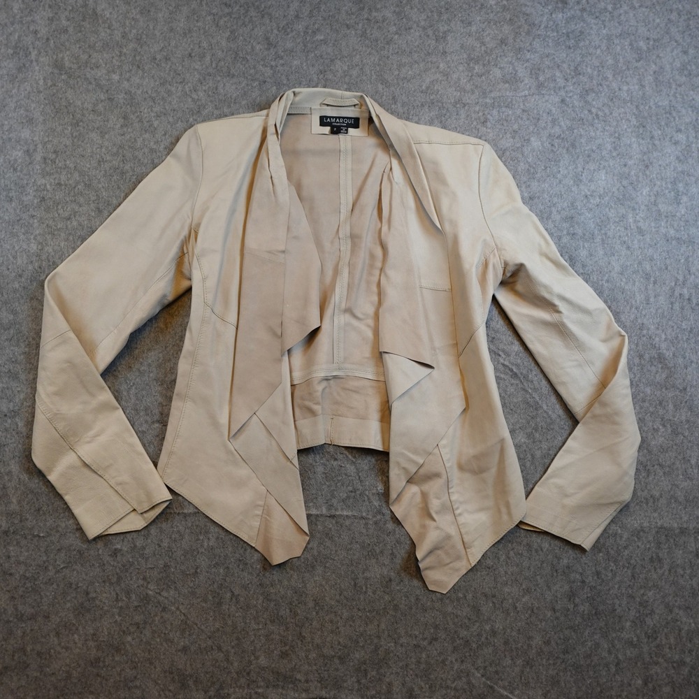Lamarque Jacket Women 2 Beige Leather Drape Front Moto Luxe Minimalist